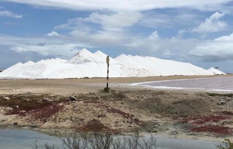 Schneeweiße Salzberge neben den rosafarbenen Salinen