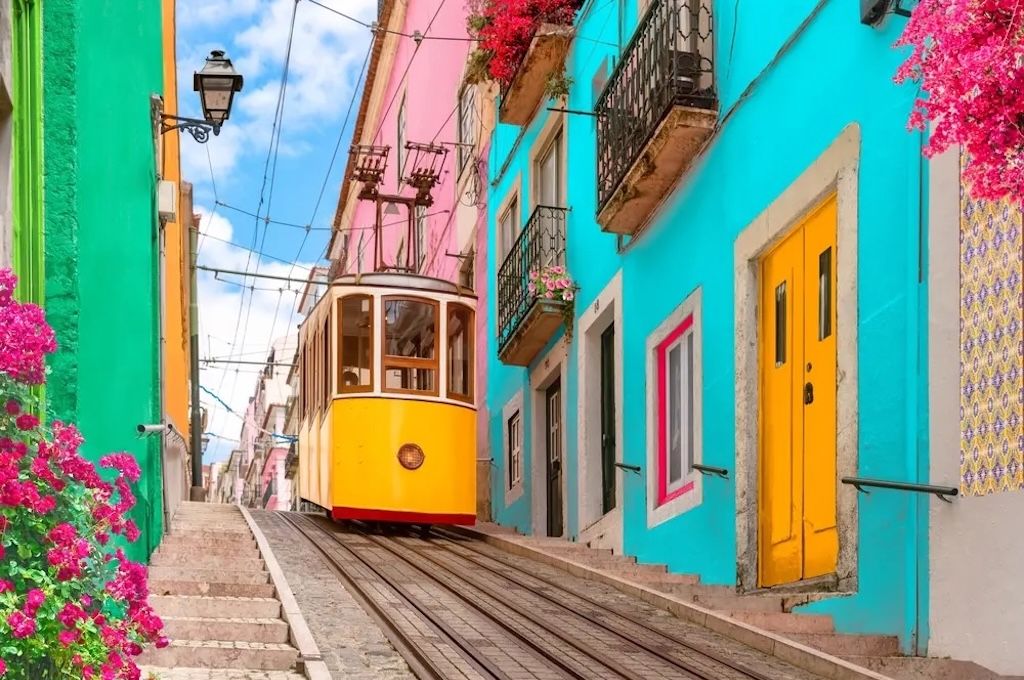 Colourful houses and a tram in Lisbon, Portugal