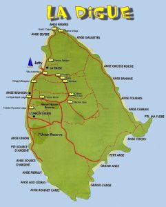 Übersichtskarte der Insel La Digue mit Stränden und Wegen