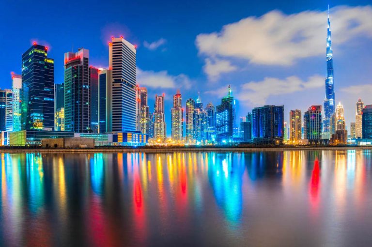 Dubai skyline illuminated at night