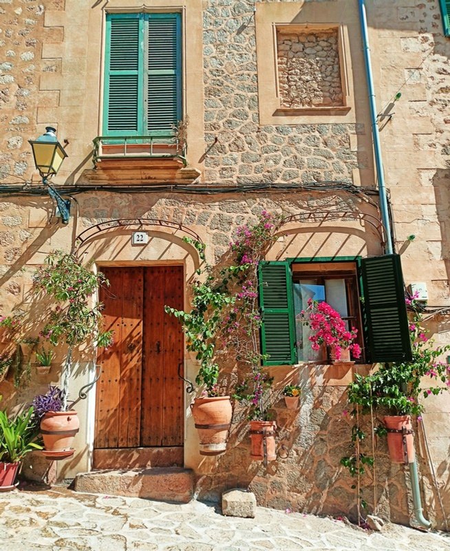 Flower-lined lane in the mountain village of Valldemossa