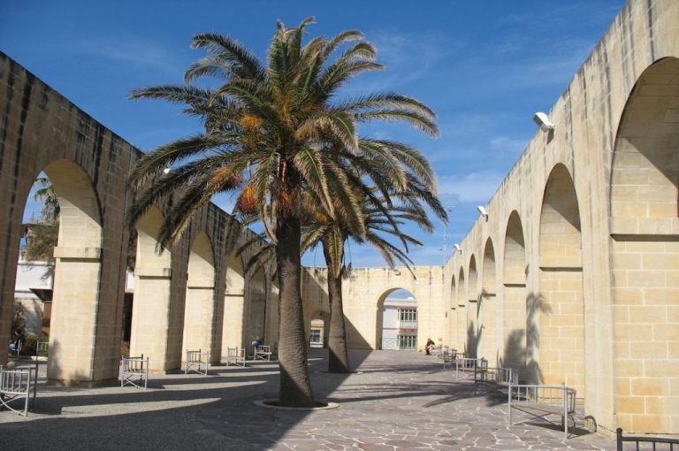 Schattige Arkaden mit Palme in den Gärten von Valletta